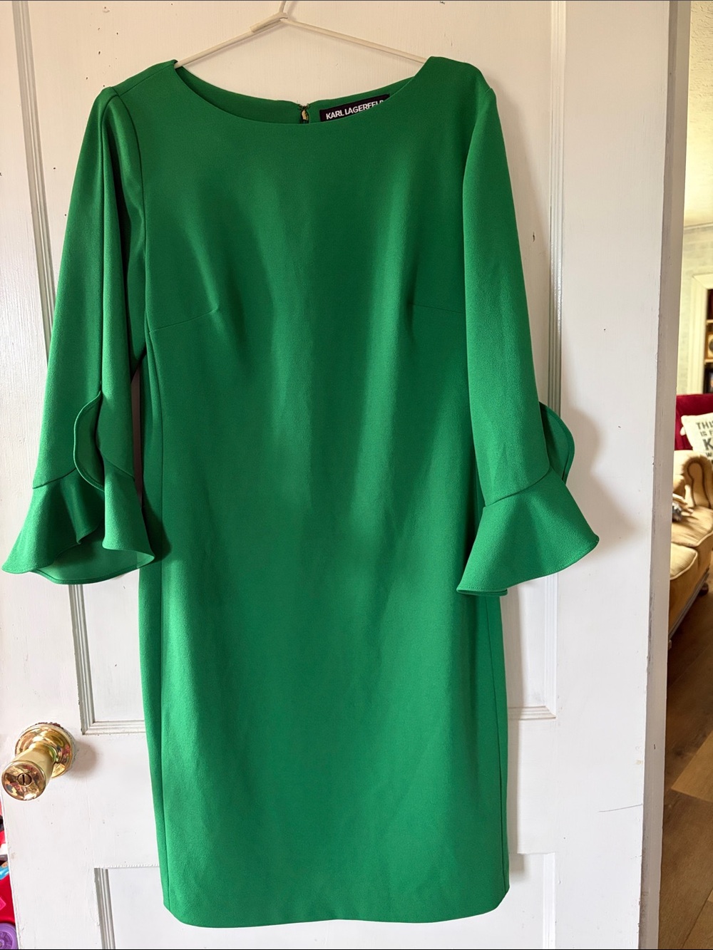 Karl Lagerfeld Emerald Green Ruffle-Sleeve Shift Dress Size 6